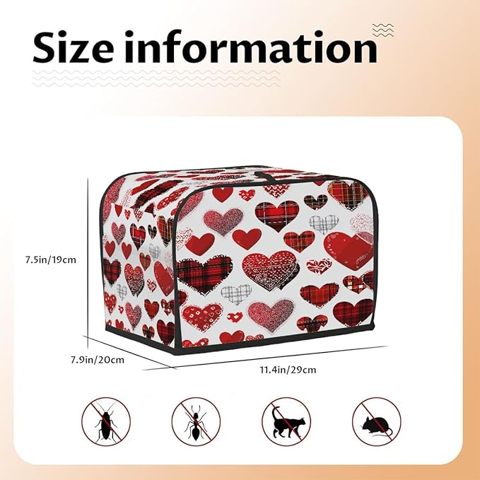 2 Slice Toaster Cover,Valentine's Day Buffalo Heart Small Kitchen Appliance Bread Machine Cover with Pockets,Dust & Fingerprint Protection