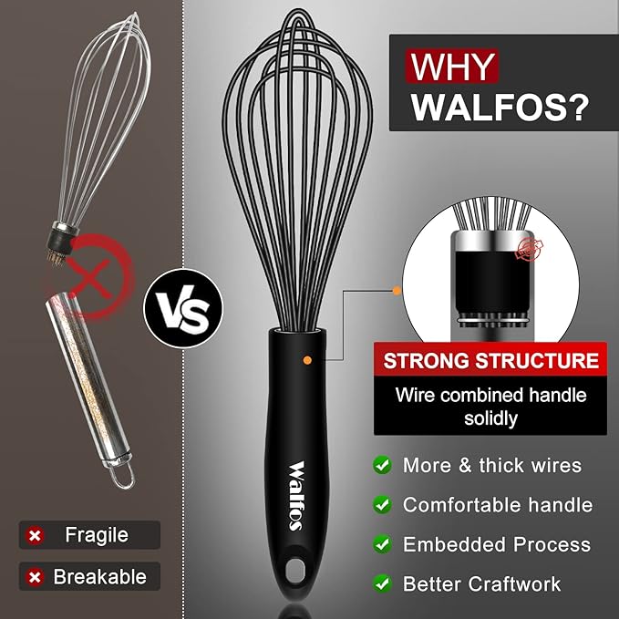 Walfos Silicone Whisk,Stainless Steel Wire Whisk Set of 3 -Heat Resistant 480°F Kitchen Whisks for Non-stick Cookware,Balloon Egg Beater Perfect for Blending,Whisking,Beating,Frothing & Stirring,Black