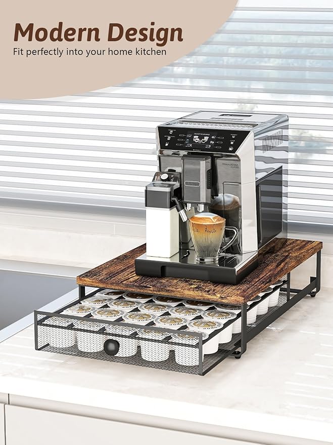 Sedegn Coffee Pod Holder Counter Coffee Vertuo Capsules Storage Organizer with Sliding Drawer Compatible For 35 K-Cup Pods No Assembly Needed Rustic Brown