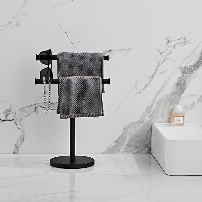 Black Hand Towel Holder Stand, Double T-Shape Hand Towel Stand Towel Rack Towel Bar for Bathroom Countertop, SUS304 Stainless Steel SHUNLI