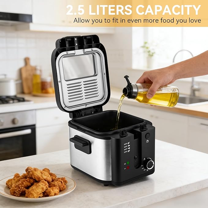 Pukomc Electric Deep Fryer with Basket,Adjustable Temperature Frying Pot for Home Use,Removable Lid and 2.5L Non-Stick Inner Pot & Easy to Clean