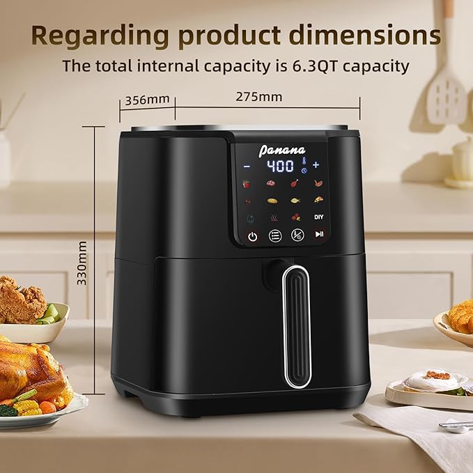 Panana Air Fryer, 6.3QT Large Capacity Air Fryer, Oilless Healty Cooker Airfryer Oven with 12 Presets, 1500W Air Fryers for Quick Meal, Home Use (Black)