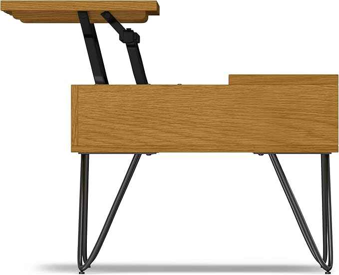 SIMPLIHOME Hunter Small Lift Top Coffee Table - 36 inch Wide Oak Veneer and Metal Industrial Cocktail Table in Oak, Living Room Table with Hidden Storage, 2 Cubbies, and Hairpin Legs