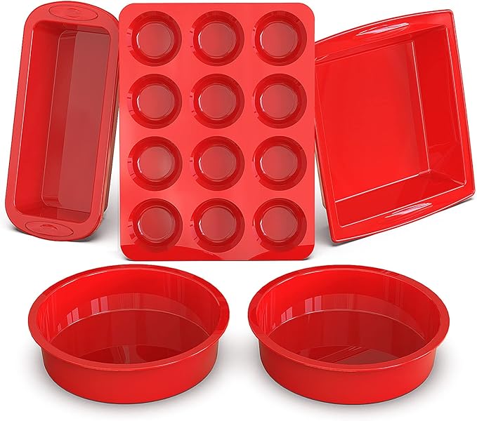SILIVO 5-Piece Silicone Baking Pans Sets - Nonstick Silicone Bakeware Set with Bread Loaf Pan, Muffin Pan, Square/Round Cake Pan - Oven & Dishwasher Safe