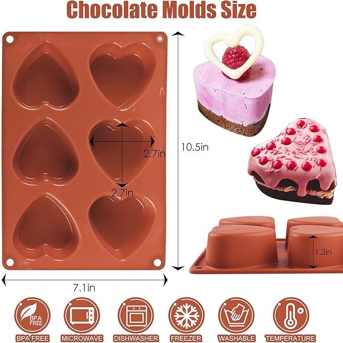 (2 Pack) 6 Holes Heart Shaped Silicone Mold For Chocolate Cake - Heart Silicone Mold for Making Jelly Pudding Handmade Soap Mould Candy Making