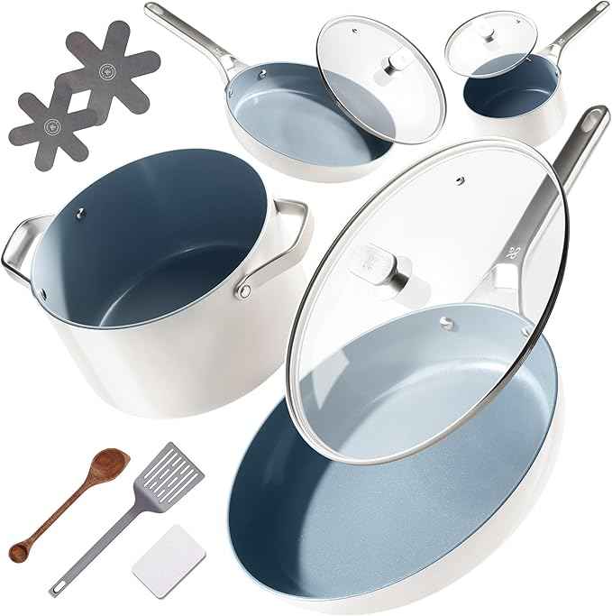 Premium Non-Toxic Ceramic Cookware Set – Triple-Layer Nonstick 12 Piece Pots and Pans with Lids, PFAS-Free, Oven Safe for Healthy Meals, Space-Saving Design, Birch White Color | Greater Goods