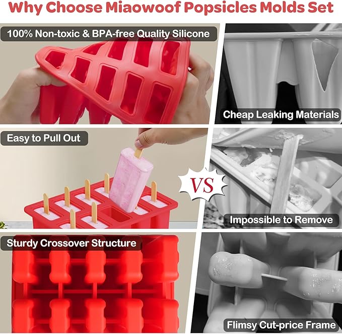 Miaowoof Homemade Popsicle Molds, 10-Cav Non-BPA Silicone Ice Pop Maker, with 50 Sticks, 50 Bags, 10 Reusable Sticks, Funnel, Brush and Ice Pop Recipe (Red+Bin)