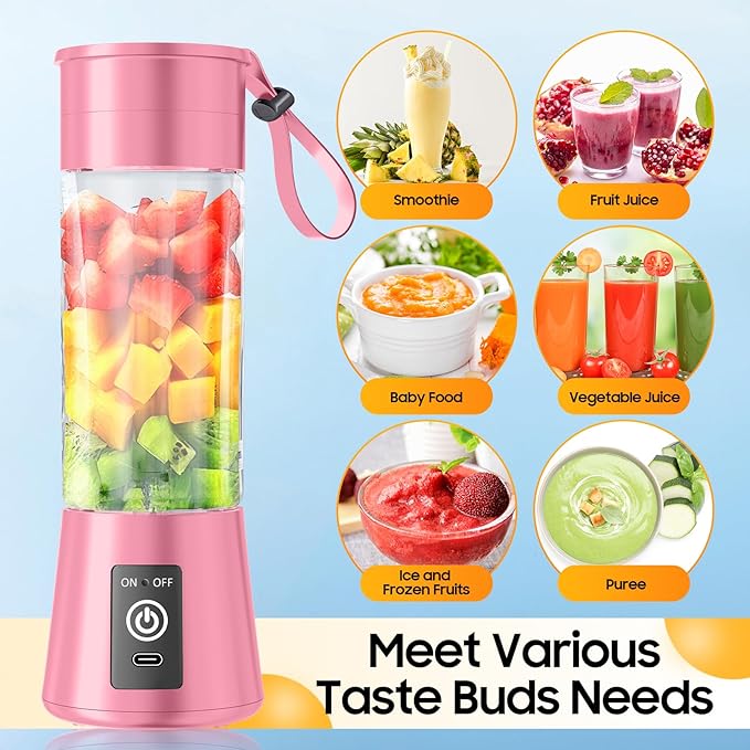 Portable Blender for Smoothies & Shakes - Cordless Personal Size Blender with 6 Blades, 380Ml Juice Cup, Lightweight & Rechargeable, Freshly Squeezed for Picnic/Sports/Office, Mother's Day