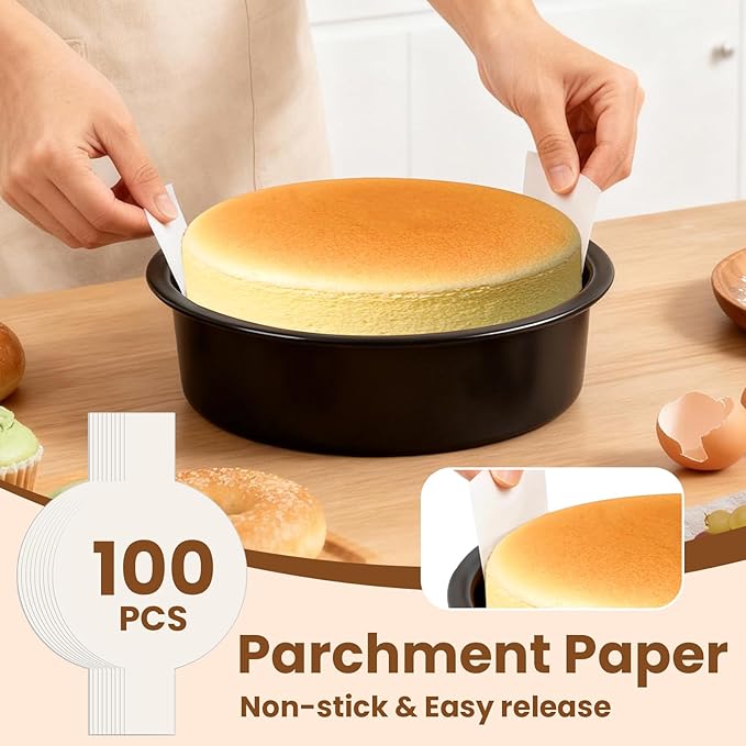 6 Inch Round Cake Pan Set of 3 - Nonstick Carbon Steel Cake Baking Pans with 100 PCS Parchment Paper, Dishwasher Safe, Durable for Layer Cakes, Birthday & Christmas Baking