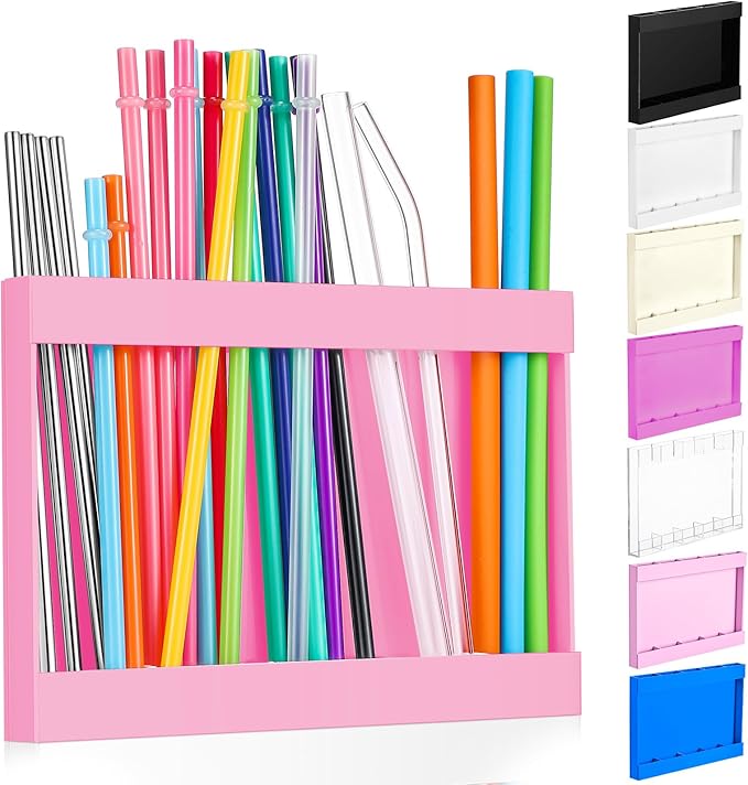 Qinyoung Acrylic Straw Holder for Cabinet Door with Double Sided Adhesive Tape Reusable Straw Organizer Tumbler Storage Kitchen Accessories Container for Counter Cupboard(Classic,Large,Pink)