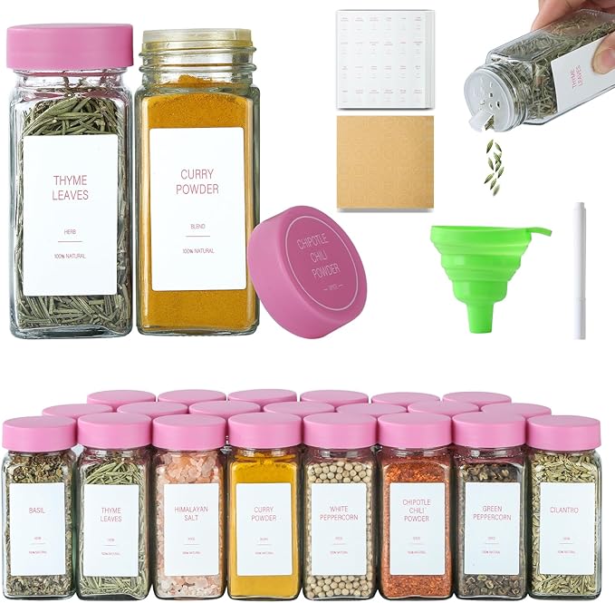 Pink Spice Jars with Label，4oz Seasoning Containers, Glass Spice Bottles with Shaker Lids,Funnel, Chalk Pen(Pink, 36)