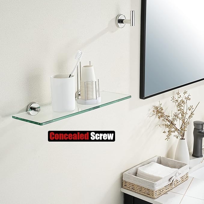 JQK Bathroom Glass Shelf Chrome, Tempered Glass Shower Storage 16 by 5 inches, 304 Stainless Steel Polished Chrome Wall Mount 2 Pack, TGS101L16-CH-P2