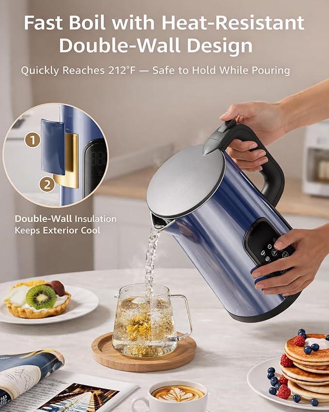 Electric Kettle with Temperature Control, 1.7L Stainless Steel Hot Water Kettle, 5 Presets for Tea & Coffee, 2H Keep Warm, Fast Boil, Auto Shut-Off & Boil-Dry Protection, Cordless Tea Kettle,Blue