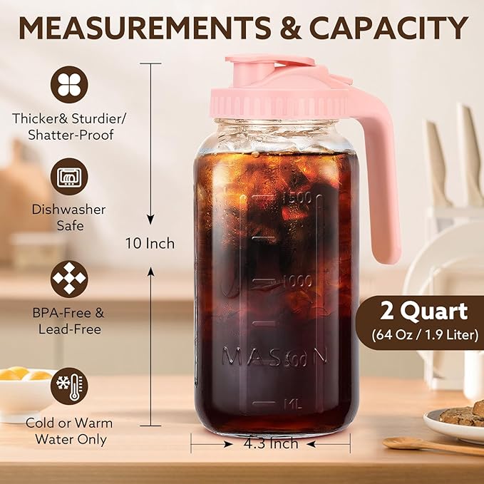 Mihlapi Glass Pitcher with Lid, 64 OZ Mason Jar Pitcher Double Leak Proof, 2 Quart Breast Milk Storage Containers for Fridge, Wide Mouth Glass Jar for Sun Tea, Juice, Cold Brew Coffee