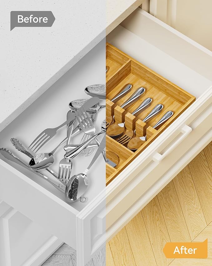 Yofidra Bamboo Silverware Organizer, 16.3″x12.24″x2.6″ Kitchen Utensil Drawer Organizer, Silverware Tray for Drawer with Fixed Slots for Spoons, Forks & Knives, Natural