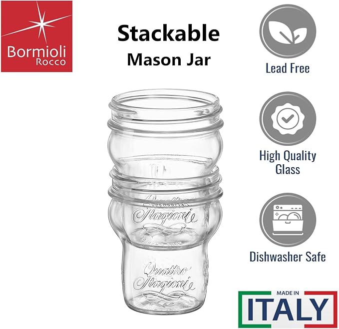 Bormioli Rocco Quattro Stagioni Glass Jars (Set of 12) - 9.25 Oz Stackable Storage Jars with Wide Mouth & Aluminum Lids - Glass Containers for Preserving, Serving, Organizing - Made in Italy