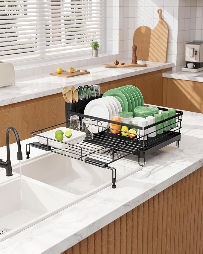 Kitsure Extendable Dish Drying Rack - Rust-Resistant Dish Racks for Kitchen Counter with Adjustable Support Legs, Cutlery Holder & Removable Draining Tray (Black, 15.6''-25.2''L × 16.9''W × 8.1''H)