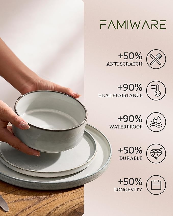 Famiware Annecy Plates and Bowls Sets, 12 Pieces Dinnerware Sets, Microwave and Dishwasher Safe Dishes Set for 4, Chip and Scratch Resistant, Grey-White