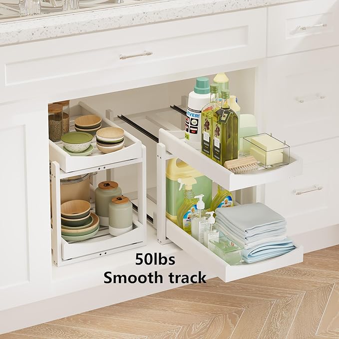 Bamboo Under Sink Organizer Adjustable Height 2 Tier Bathroom Organizer Pull Out Cabinet Storage Kitchen Heave Duty Wood Slide Ou Shelf for Kitchen Bathroom (Black, 2 Packs) (White, 2 Packs)