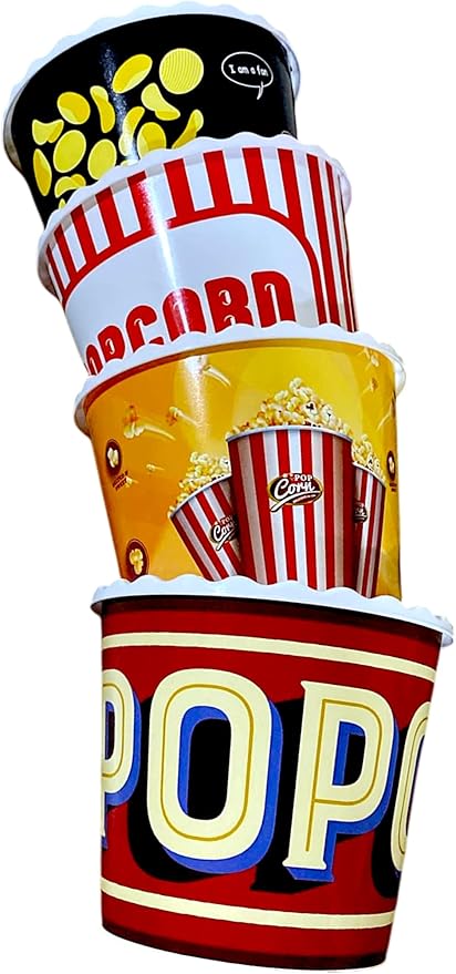 Modern Style Reusable Plastic Popcorn Box/Popcorn Containers/Popcorn Bowls Set for Movie Theater Night - (BPA Free - 4 Pack - 75 oz) (Popcorn Mix E)