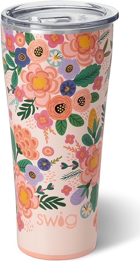 Swig Life 32oz Insulated Tumbler, Travel Coffee Tumbler with Lid, Cup Holder Friendly Travel Coffee Mug, Stainless Steel with Lid (Full Bloom)