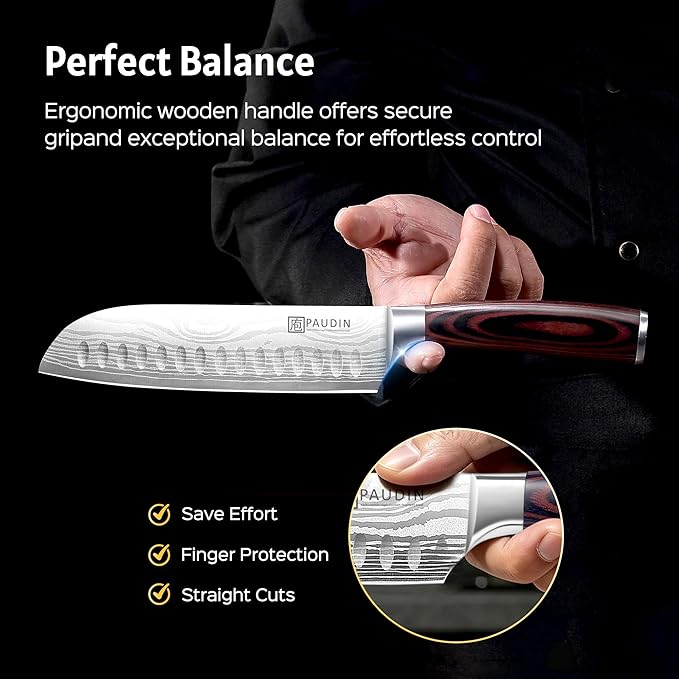 PAUDIN Santoku Knife, 7 Inch Kitchen Knife, Ultra Sharp Edge - Forged High Carbon German Stainless Steel, Professional Chef Knife with Ergonomic Handle, Gifts for Men and Women