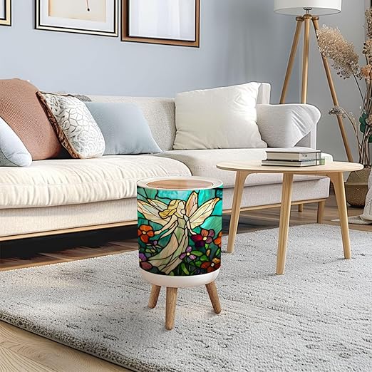 Trash Can with Lid Teal Fantasy Glass Art Flower Fairy Sunset Flowers Press Top Round Small Garbage Bin with Wooden Legs Waste Basket for Kitchen Bedroom Nursery 7L/1.8 Gallon