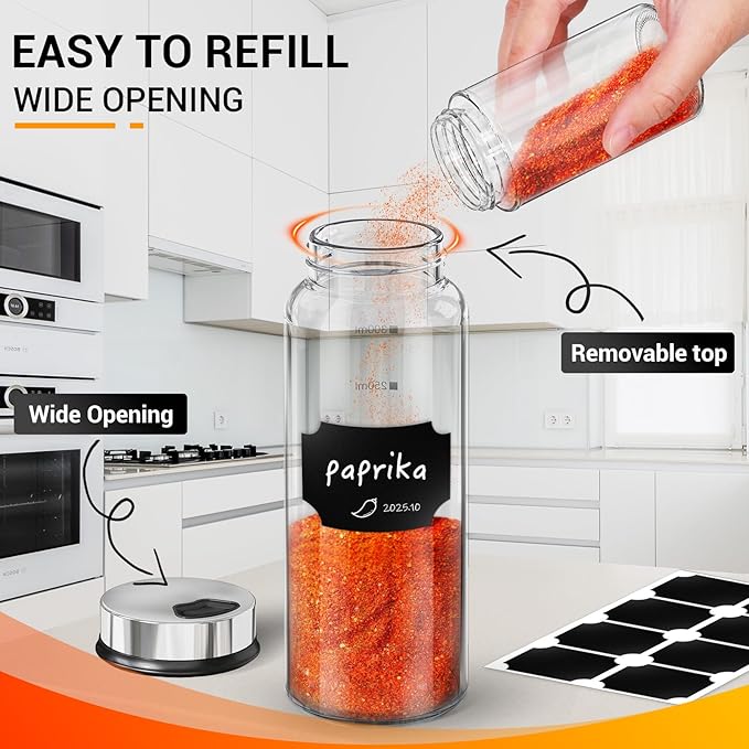Segarty 10oz Glass Spice Jar with Adjustable Pour Holes Scale Lines, 1 Pack Empty Seasoning Bottle with Shaker Lid for Pepper Sugar, Large Spices Container with 8 Stickers, 1 Brush and 1 Chalk Marker