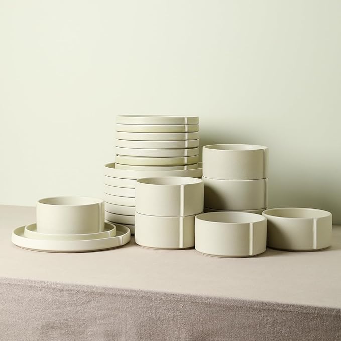 Stone Lain Bao 24-Piece Dinnerware Set Stoneware, Plates and Bowls Set, Dishwasher and Microwave Safe, Dish Set for 8, Beige