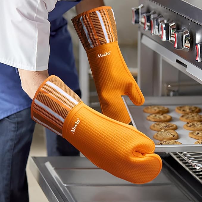 Alselo Oven Mitts Heat Resistant Silicone Kitchen Gloves for 550 Degrees with Waterproof and Non-Silp, Oven Gloves for Baking Cooking Barbecue Microwave Machine Washable (Extra Long Orange, 2)
