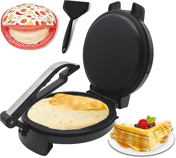 10" 1200W Electric Tortilla Press & Chapati Maker - for Roti, Crepes, Grilling | Includes Warming Bag & Spatula (Black)