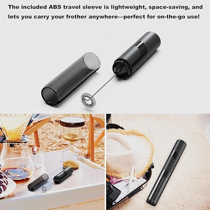 Handheld Milk Frother with Cover- 15-Second Silent Drink Mixer, Travel-Ready with ABS Sleeve, Battery-Powered for Coffee, Matcha & Shakes