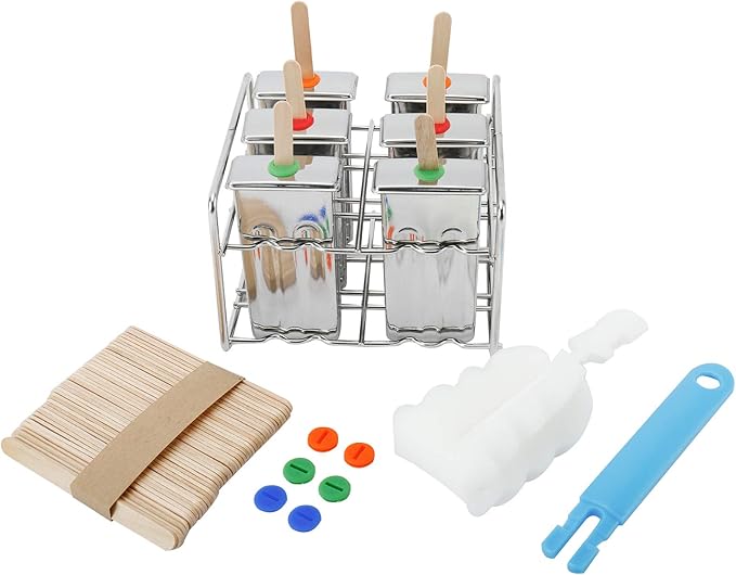 6 Sets Stainless Steel Popsicle Molds Rack and Accessories, Rust-Resistant Popsicle Maker, 6pcs Leak-Proof Silicone Seals, 50pcs Wooden Sticks and Bonus Cleaning Brush