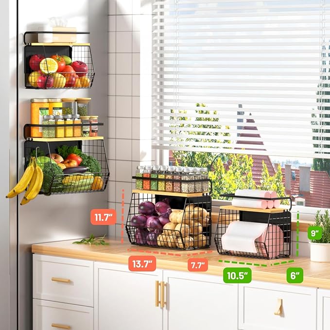 Ofiray-home Magnetic Shelf for Fridge with Wood Lid, Fruit Potato and Onion Storage Bins, Pantry Organizers & Storage, Large Container Magnetic Spice Rack for Refrigerator, Kitchen Counter (Black, 1)