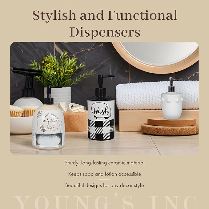 Youngs Ceramic Soap and Lotion Dispenser, Durable Shampoo and Conditioner Dispenser with Plastic Pump, Modern Home Essential for Kitchen and Bathroom