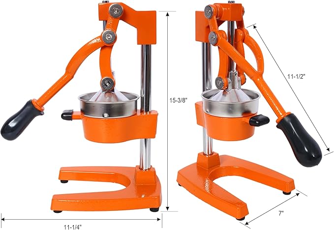 【Cast Iron Citrus Juicer】Commercial Grade Manual Orange Juicer, Heavy Duty Hand Press Juicer for Orange Lemon Lime, Extra Large Countertop Juice Squeezer, Easy Clean (Orange)