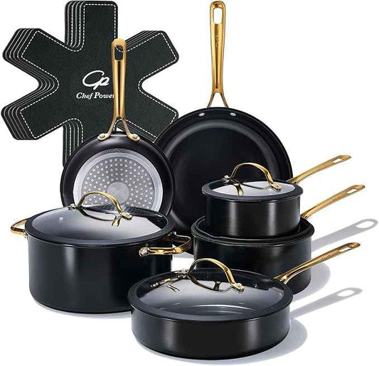 Chef Power Ceramic Cookware Sets, 15Pcs Pots and Pans Set Non Stick, Cookware Set with Stainless Steel Handle, Dishwasher & Oven Safe, Stone Black and Light Gold Handle