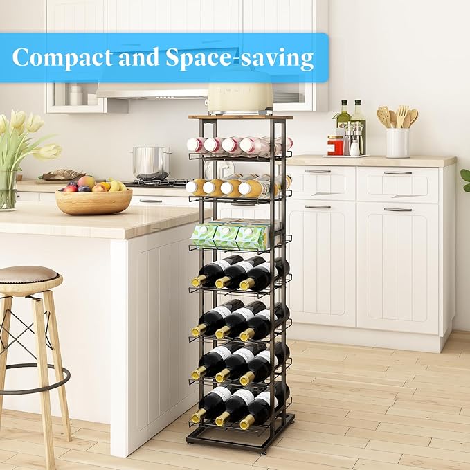 GILLAS 8 Tier with Wooden Top Water Bottle Storage with Wooden Tabletop,Metal Beverage Can Rack,Large Capacity Bottled Rack Water Bottle Holder Stand for Cabinet,Countertop Kitchen,Party,Black