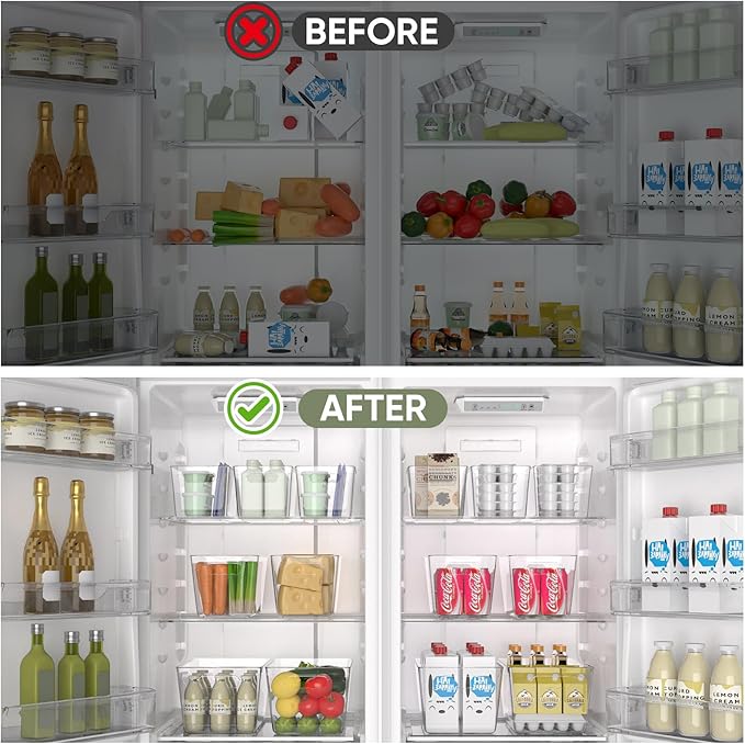 BALEINE Clear Plastic Storage Bins, Pantry Organization, BPA Free Stackable Refrigerator Organizers and Storage with Handles for Kitchen Fridge Cabinet Bathroom (8PK, 11x7.5x6)