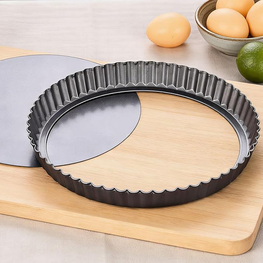 10 Inch Nonstick Tart Pan with Removable Bottom, Carbon Steel Quiche and Pie Pan- 1.1-Inch Depth, Fluted Edges for Baking Tarts, Quiches, Mousse Cakes, and Desserts