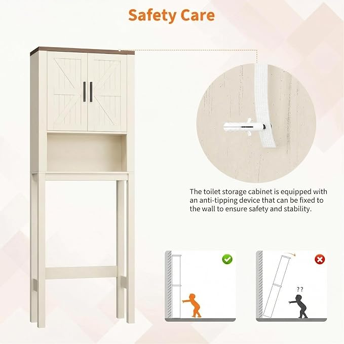 IDEALHOUSE 23.6 Inches Wide Toilet Rack with Over The Toilet Storage Cabinet, Bathroom Shelf Organizer with Anti-Tip Device, Small Freestanding Space Saver with Adjustable Shelf (Beige 23.6" W)