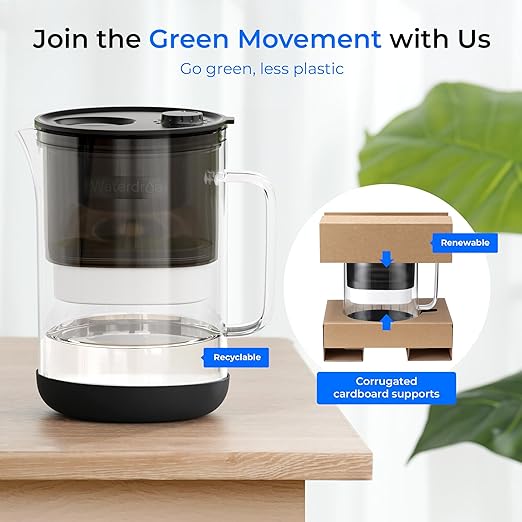 Waterdrop PT-09BL 10-Cup Large Glass Water Filter Pitcher, Eco-Friendly, NSF/ANSI 53, 42 & 372 Certified Filter, Reduces PFOA/PFOS, Chlorine, Cadmium, Copper & Mercury, BPA-Free, Easy to Clean, Black