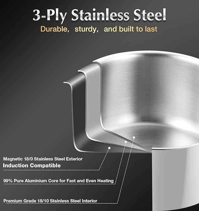 KOCH SYSTEME CS Tri-Ply Stainless Steel Cookware Set 10 Piece, Professional 18/10 Stianless Steel Pots and Pans Set, Oven & Induction Safe, Non-Toxic Kitchen Cookware Set for Family Cooking, 10pcs