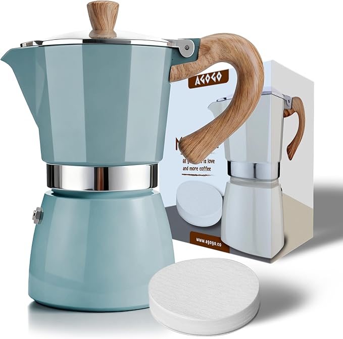 AGOGO Milano Moka Pot Stovetop Espresso Maker with 100 Paper Filters for Sediment-Free Coffee, Classic Italian Greca with Wood-Grain Handle,Cleaning Brush & Towel 6 Cup (10oz / 300ml) Lake Blue