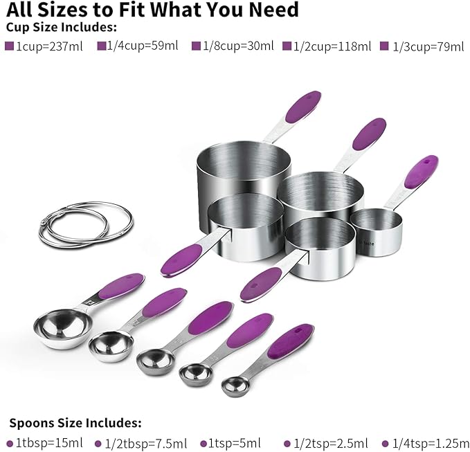 U-Taste 18/8 Stainless Steel Measuring Cups and Spoons Set of 10 and 12.6in Stainless Steel Danish Dough Whisk (Purple)