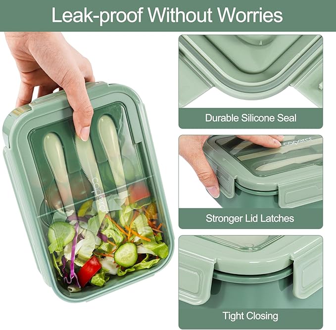 Caperci Classic Bento Box Adult Lunch Box for Older Kids - Leakpoof 47 oz 3-Compartment Lunch Containers for Adults and Teens, Built-in Utensil Set, Ideal for On-the-Go Balanced Eating,Khaki Green