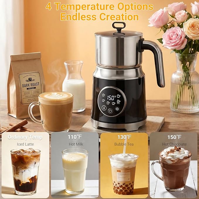 Milk Frother,Variable Temp and Froth Thickness,27oz/800ml Milk Steamer and Frother for cappuccino or Latte,Dishwasher Safe,6-in-1 Frother Machine (Black)