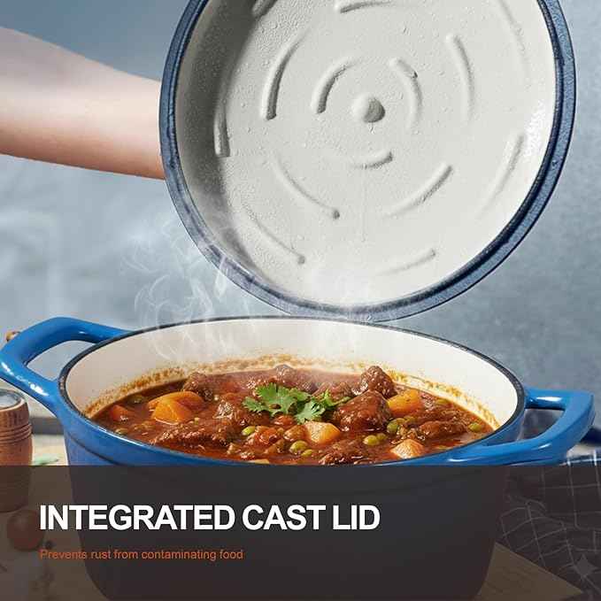 Overmont Enameled Cast Iron Dutch Oven - 5.5QT Pot with Lid Cookbook & Cotton Potholders - Heavy-Duty Cookware for Braising, Stews, Roasting, Bread Baking Blue
