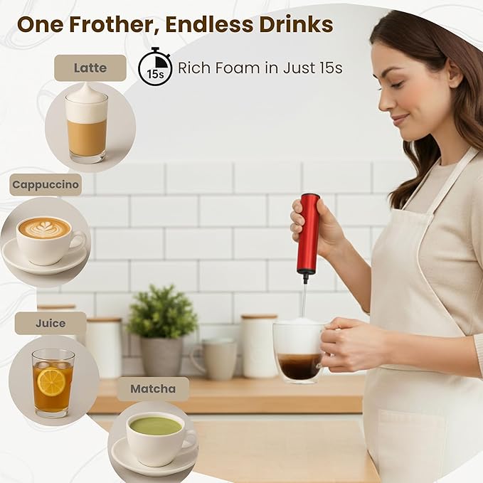 Milk Frother, Rechargeable Battery Operated Frother for Coffee,Portable Drink Mixer with 2 Stainless Steel Whisk Heads,Milk Foamer for Keto Coffee, Latte, Cappuccino, Hot Chocolate,Rube Red