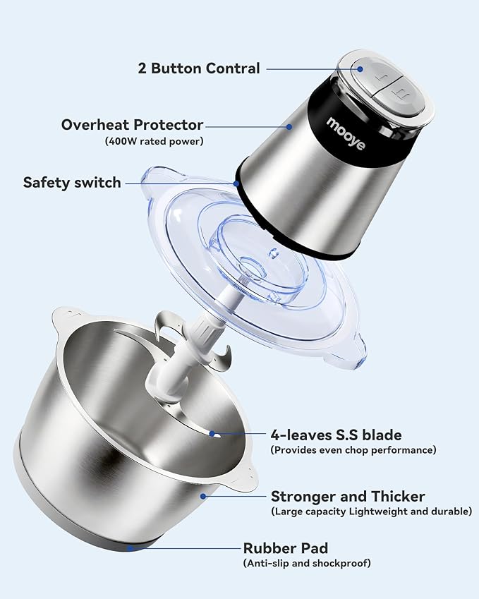 Food Processors Electric Food Chopper with Meat Grinder & Vegetable Chopper - 3 Bowls(8Cup+8Cup+3Cup) with Powerful Copper Motor - Includes 3 Sets of Bi-Level Blades for Fruits/Meat/Nuts